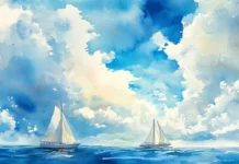 Bright midday watercolor clouds sailing across wide open skies.