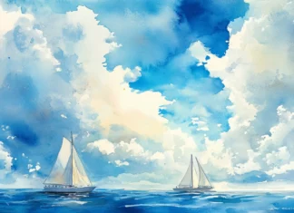 Bright midday watercolor clouds sailing across wide open skies.