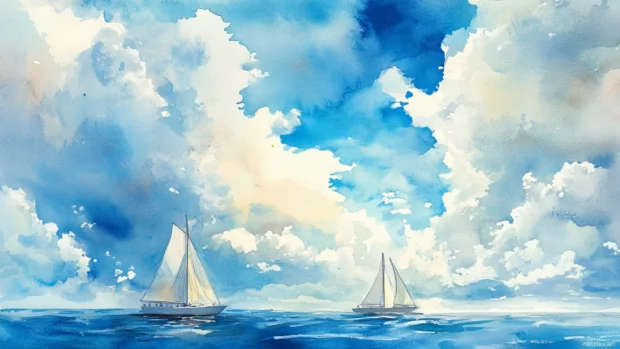 Bright midday watercolor clouds sailing across wide open skies.