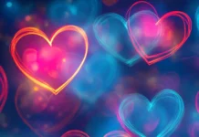 Bright neon hearts forming dreamy patterns, Bright neon heart pattern.