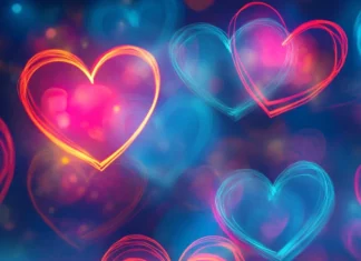 Bright neon hearts forming dreamy patterns, Bright neon heart pattern.