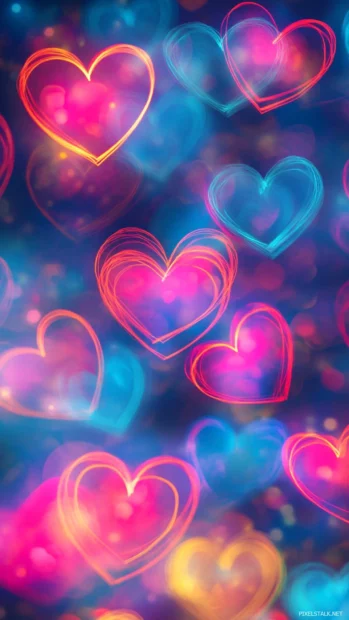 Bright neon hearts forming dreamy patterns, Bright neon heart pattern.