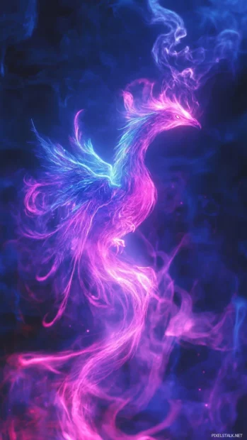 Bright neon phoenix rising through smoke.