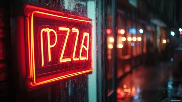 Bright neon pizza sign shining through rain.