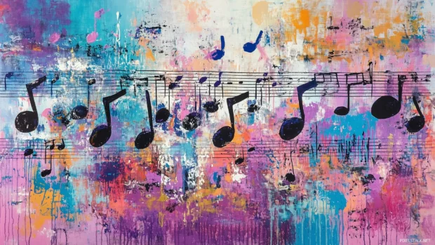Bright notes splash canvas, colorful strokes, lively music artwork.