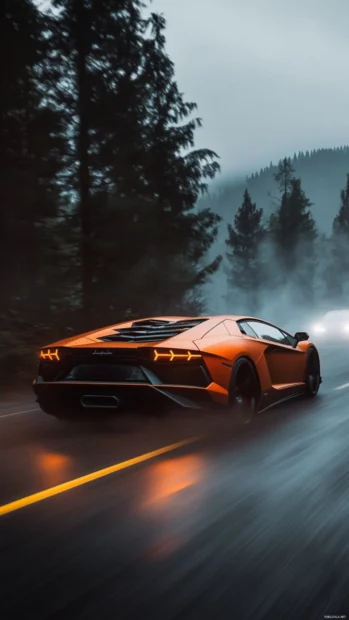 Bright orange Lamborghini launches through swirling fog on a night road.