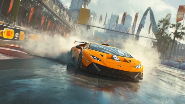 Bright orange Lamborghini spins on a racetrack corner surrounded by tire smoke and race banners.