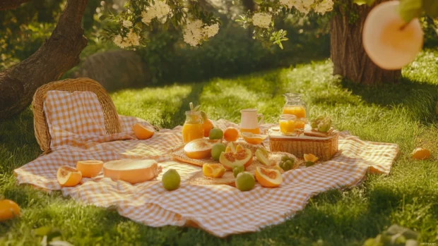 Bright picnic setup on soft grass, with summer fruits and gingham blankets adding cheerful vibes.
