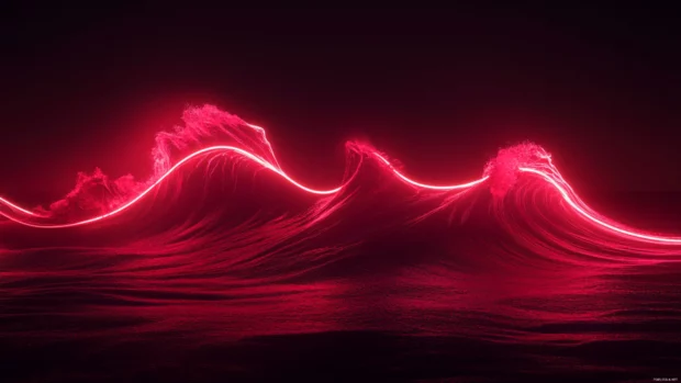Bright red neon waves crashing through darkness featuring Vibrant red neon design.