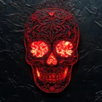 Bright red sugar skull glowing over black velvet texture.