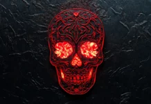 Bright red sugar skull glowing over black velvet texture.