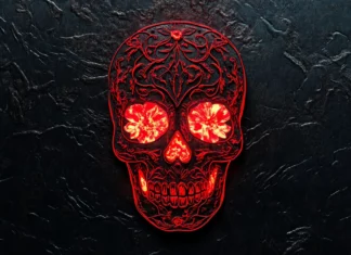 Bright red sugar skull glowing over black velvet texture.