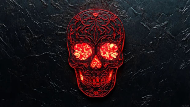 Bright red sugar skull glowing over black velvet texture.