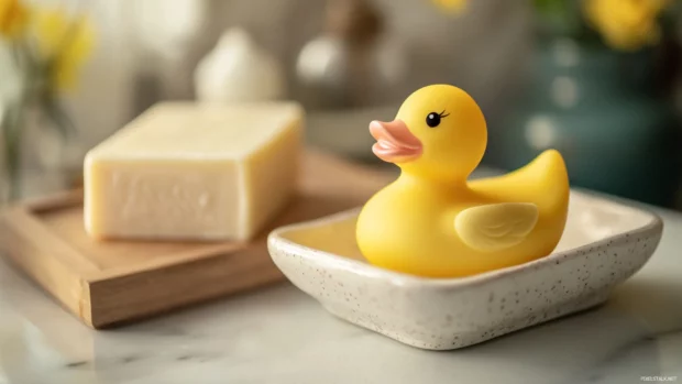 Bright rubber duck rests on a ceramic soap dish with matching soap bars.
