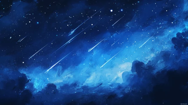 Bright shooting stars streaking through a midnight blue sky.