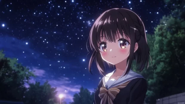 Bright stars twinkling over an anime girl 4k background desktop night sky view.