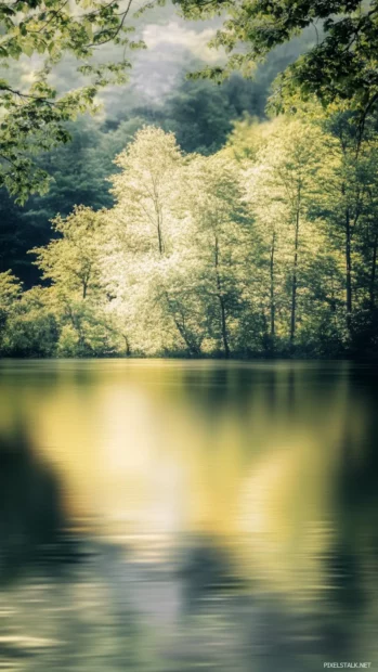 Bright summer featuring a calm lake with light reflections.