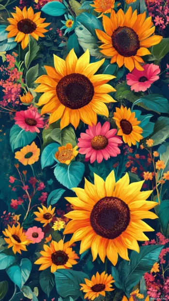 Bright sunflower wallpaper, Vivid sunflowers among Pretty Flower garden in daylight.