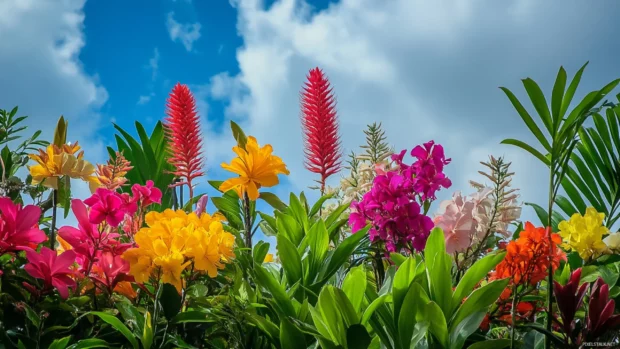 Bright tropical flowers bloom under soft skies, adding vibrant energy to the summer scene.