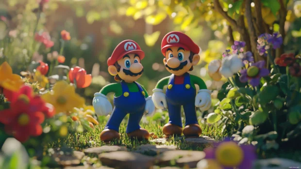 Brightly colored Mario and Luigi Wallpaper showcasing their friendship in a peaceful garden scene.