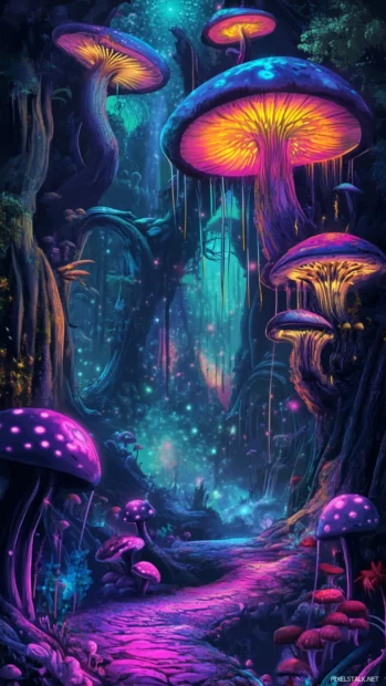 Brightly colored hallucination style forest scene, glowing mushrooms and warped trees, ideal for trippy aesthetic backgrounds.