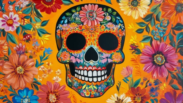 Brightly painted Mexican skull wallpaper adorned with traditional floral patterns.