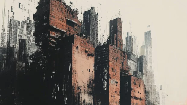 Broken cityscape rising from bricks and layered letter strokes.