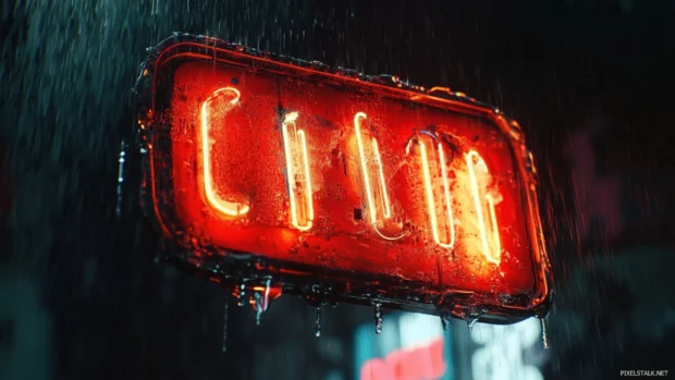 Broken neon cinema sign buzzing in rainstorm.