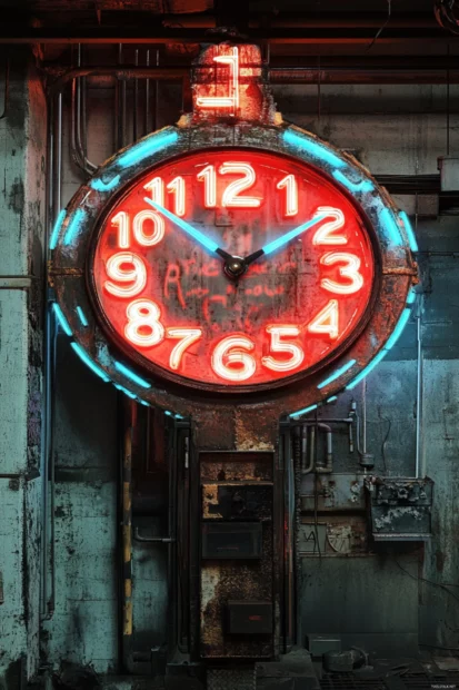 Broken neon clock frozen in time.