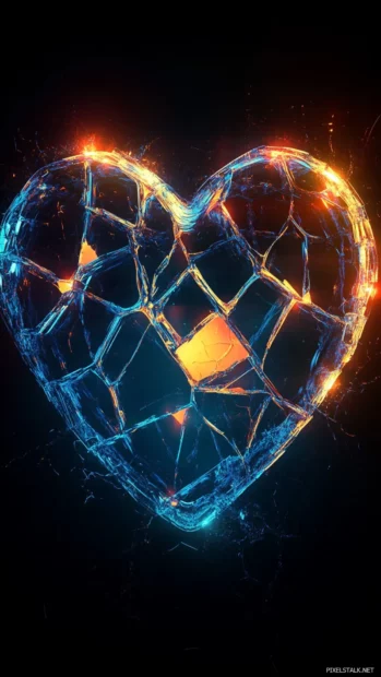 Broken neon heart background, Shattered broken neon heart glowing faintly.