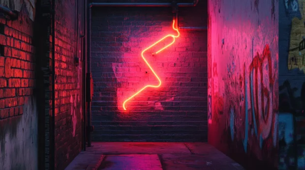 Broken neon signs glowing faintly in dark alley inspired by Abstract black neon lines.