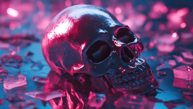 Broken neon skull lying on shattered glass floor.