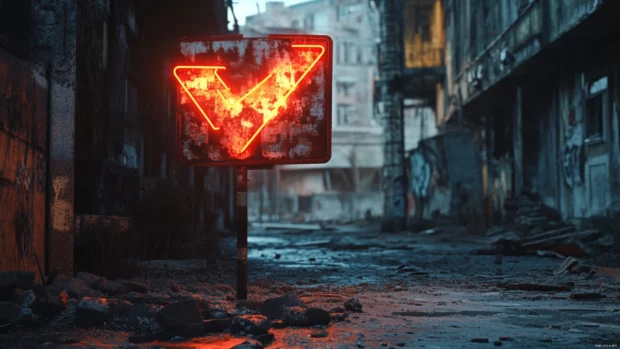 Broken neon street signs floating in abandoned city.