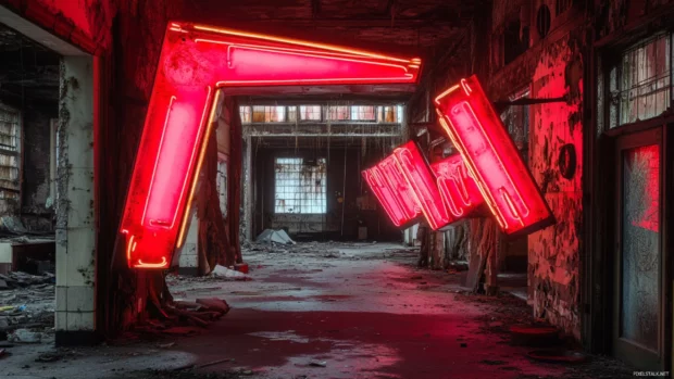 Broken red neon signs floating in abandoned street.