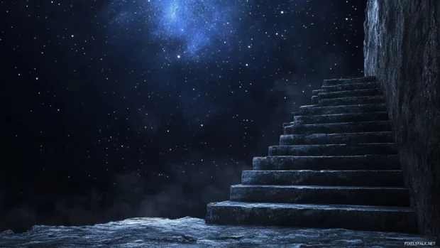 Broken stairways leading into starlit voids.