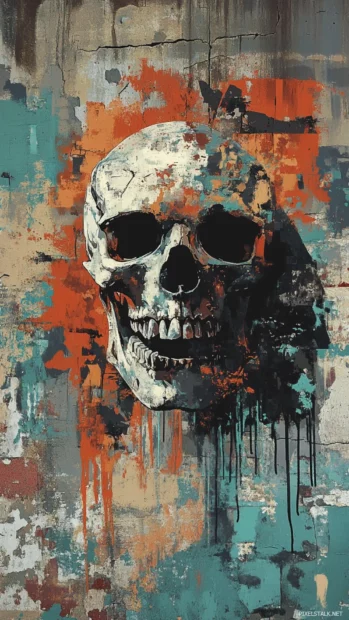 Brushstyle tag skull floating above decayed building wall.