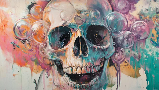 Bubble wrapped skull bursting in pastel graffiti dream.