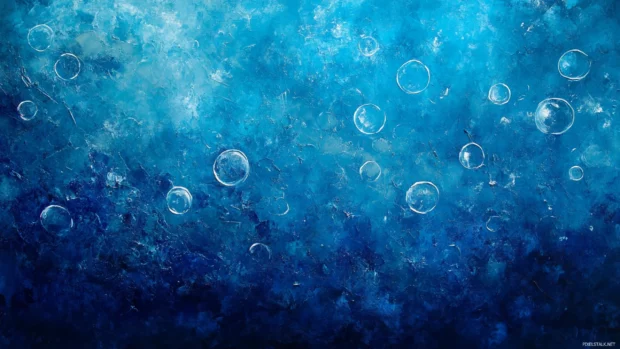 Bubbles rising slowly through a deep blue ocean scene.