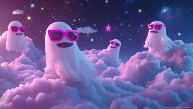 Bubbly ghosts in pink sunglasses float past stars and clouds in a repeating wave.