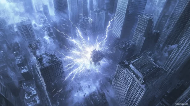 Buildings collapse around Godzilla radiating electric arcs of power.