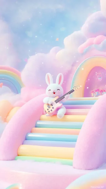 Bunny playing a guitar on a pastel rainbow stage inspired by Pastel colored music player wallpaper.