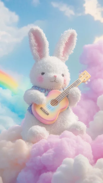 Bunny playing ukulele under soft rainbow clouds.