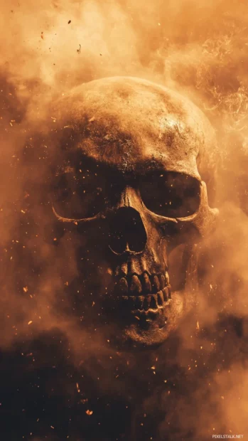 Burned skull silhouette behind fog and embers.