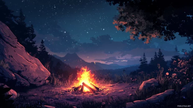 Burning campfire surrounded by wilderness at midnight.