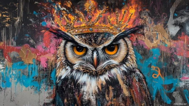 Burning crown above royal owl on temple graffiti panel.