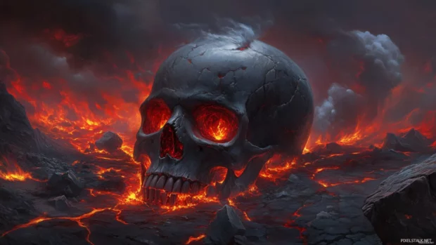 Burning eyed skull with molten lava cracks, surrounded by storming flames, creating a fierce vibe.