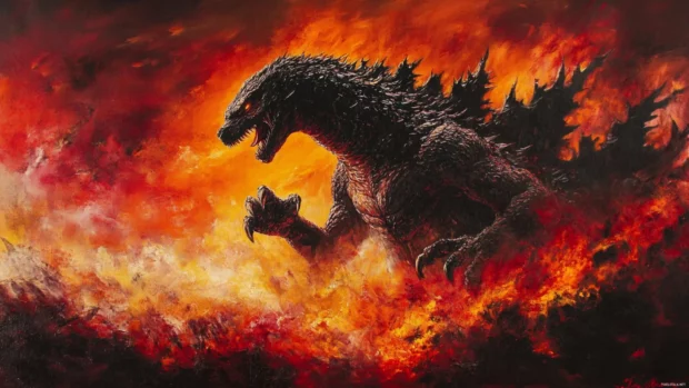 Burning horizon stretches behind Shin Godzillas towering frame.
