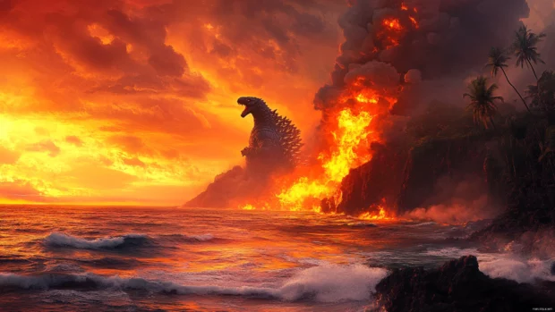 Burning shoreline as Godzilla rises through molten rock.