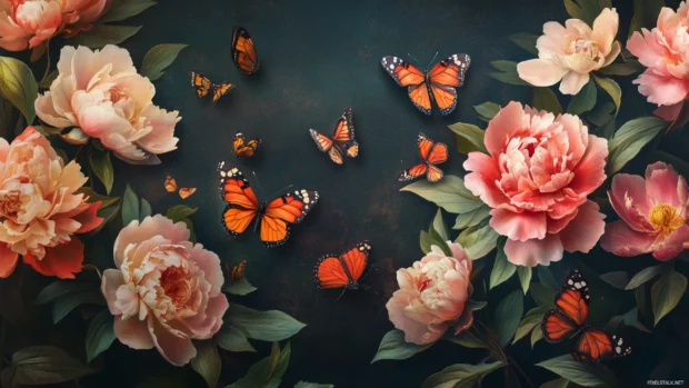 Butterflies around a peony bush.