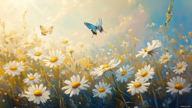 Butterflies dance over a field of daisies basking in the warm afternoon light.